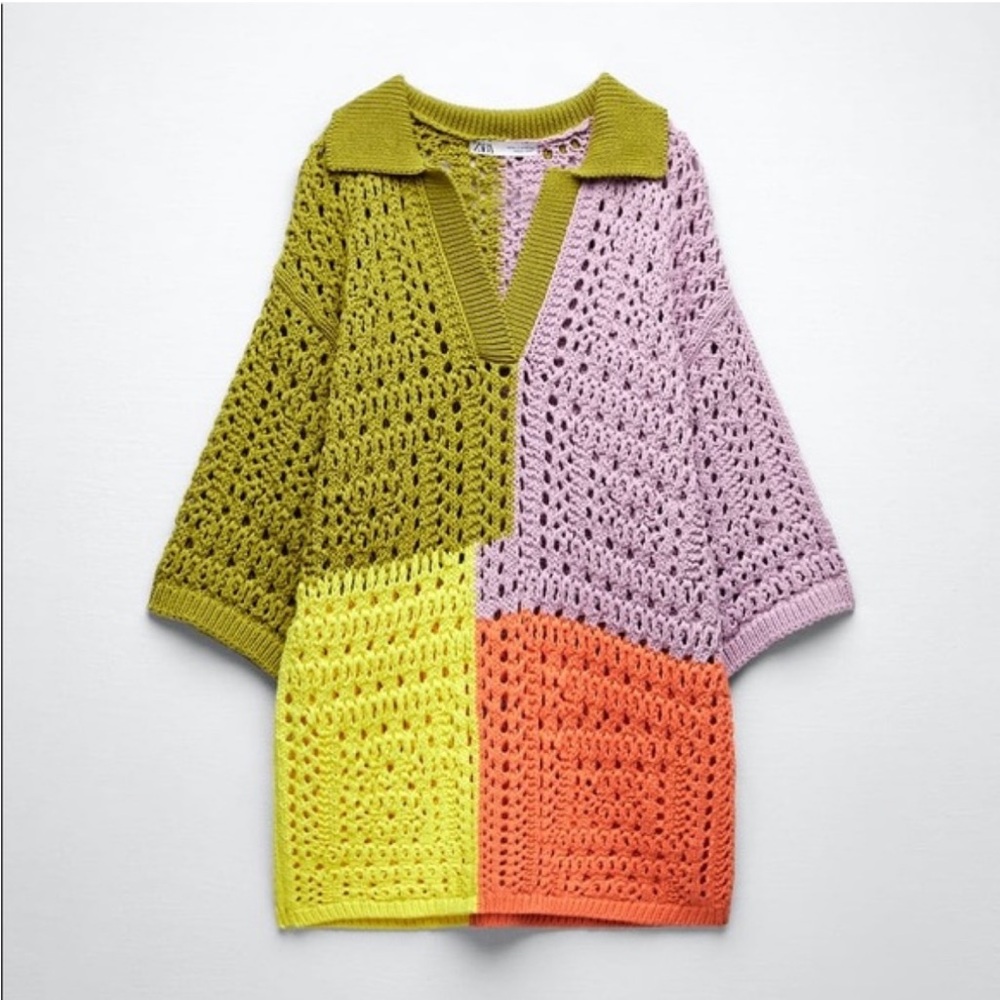 ZARA oversized knit polo sweater shirt color block crotchet rare sold out - Picture 5 of 14